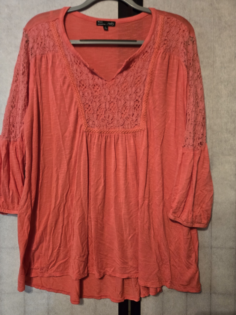 1X Women's Coral Lace Yoke Peasant Top